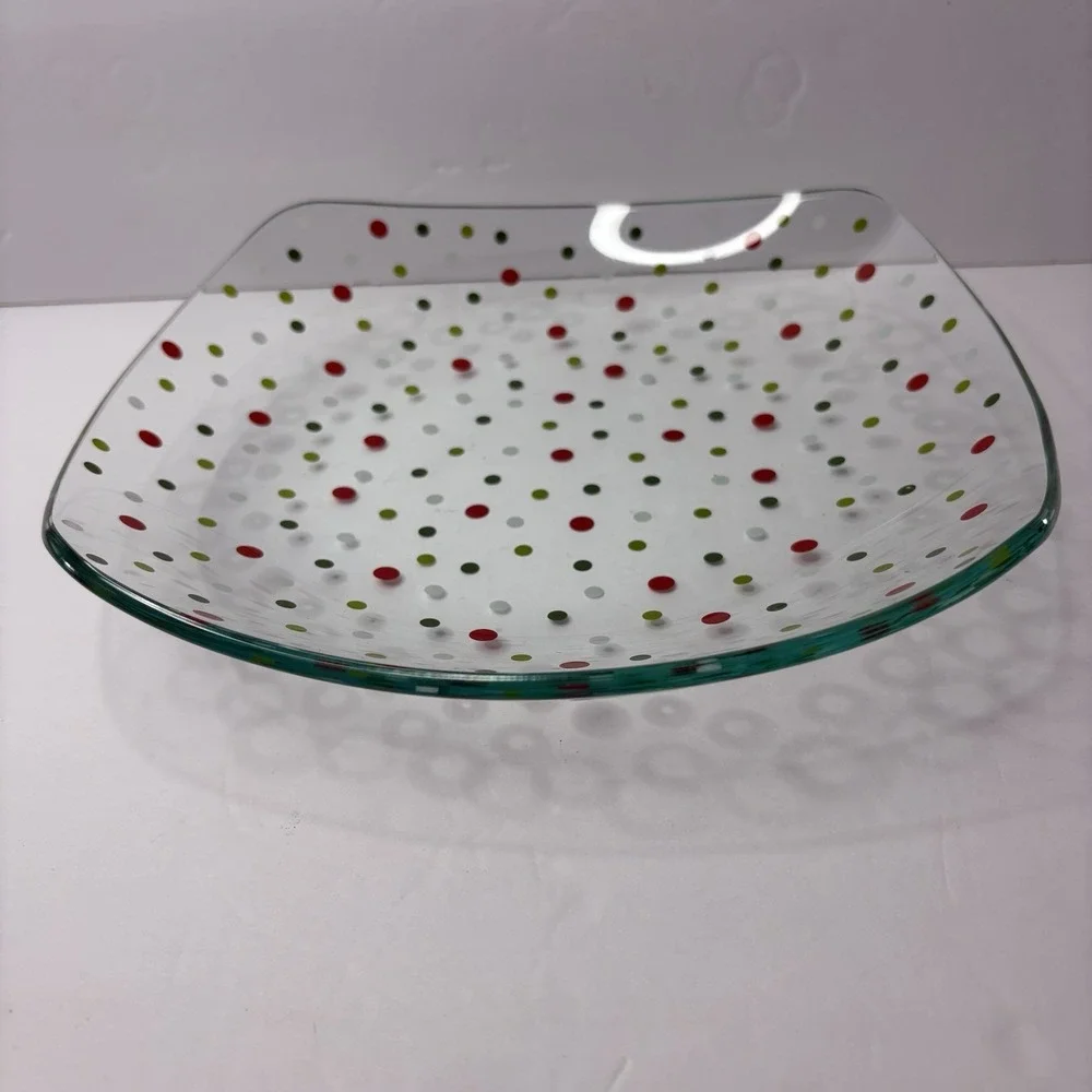 Pampered Chef Whimsical Red Green White Holiday Dots Square Glass 9.75